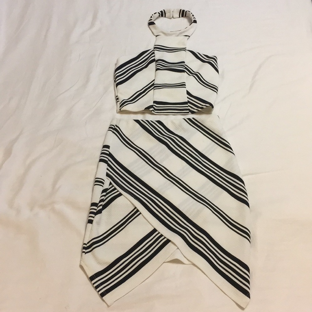 2 piece crop top and skirt outfit.